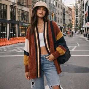 Soft Knitted Corduroy Cardigan Sweater Color Block with Pockets Long Sleeves NEW